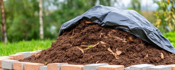 Compost Pile with Black Cover in Brick Enclosure, Gardening , Organic