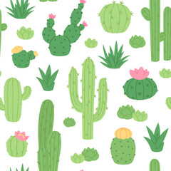 Cartoon cactus seamless pattern. Desert plants, green cacti and succulents. Decorative print template for fabric or wallpaper, racy vector background
