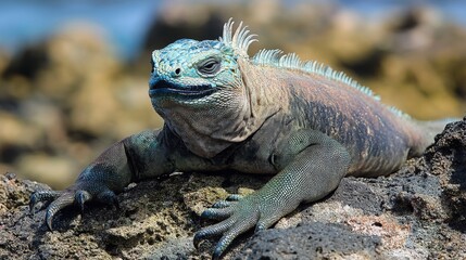 Fototapeta premium Close-up of a marine iguana resting on volcanic rock.