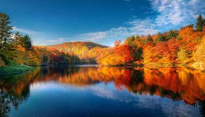 Fototapeta premium Colorful Autumn Foliage Surrounding A Tranquil Lake