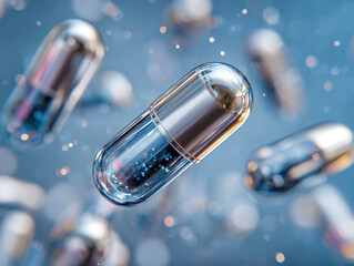 Close-up of futuristic capsule-shaped pharmaceuticals floating against a blurred background, highlighting advancements in medical technology and drug delivery systems