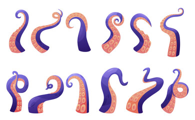 Octopus tentacles. Cartoon tentacle various positions, underwater creatures elements. Isolated icons for seafood menu, background, nowaday vector set