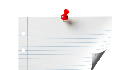 Blank Lined Paper Pinned Up with Red Pushpin Simple Office Supplies Note Important Message on transparent background