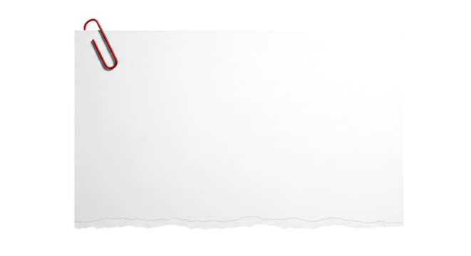 Red Paperclip Secured to Torn Blank White Sheet Mockup Office Supplies Stationery Creative on transparent background