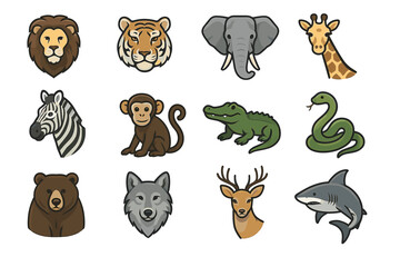 Fototapeta premium Set of cartoon animal icons featuring safari and jungle creatures