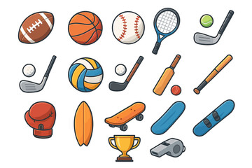 Fototapeta premium Collection of sports equipment icons including football, basketball, baseball, and more
