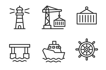 Naklejka premium Maritime icons set: lighthouse, crane, container, dock, ship, helm