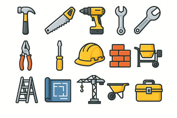 Fototapeta premium Construction tools collection: hammer, hard hat, drill, blueprint, ladder, cement mixer
