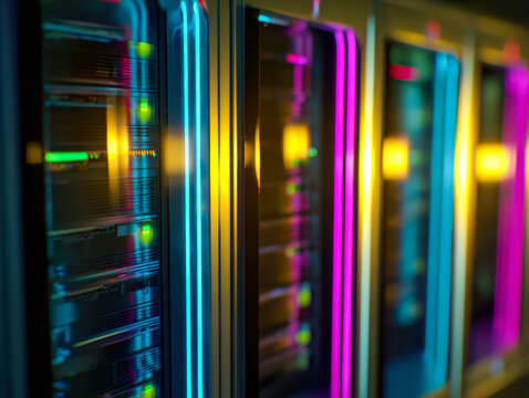 Colorful illuminated server racks in a data center