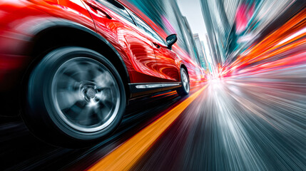Dynamic motion of a red sports car racing through a vibrant city street
