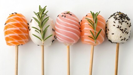 Artistic sushi lollipops on sticks, featuring fresh salmon, white fish, and rosemary, creating a visually appealing and gourmet treat isolated on white background