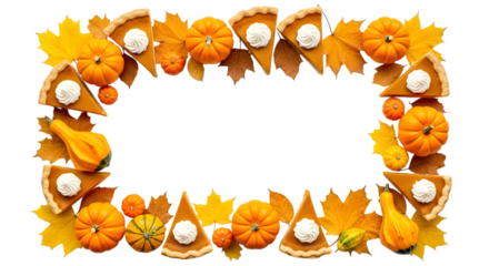 Frame made of pumpkin pie slices, pumpkins, gourds, and autumn leaves, isolated on transparent background
