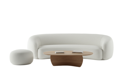 Cozy Boucle Sofa and Ottoman with Wooden Coffee Table Isolated Furniture Illustration Interior on transparent background