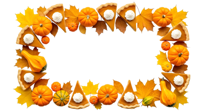 Frame made of pumpkin pie slices, pumpkins, gourds, and autumn leaves, isolated on transparent background