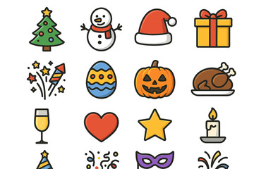 Fototapeta premium Colorful holiday icons: christmas, halloween, easter, and thanksgiving symbols