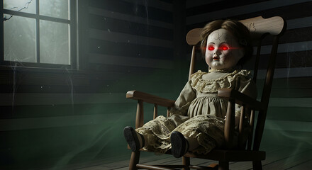 Eerie vintage doll with glowing red eyes sits in a rocking chair in a dimly lit room, creating a spooky atmosphere.
