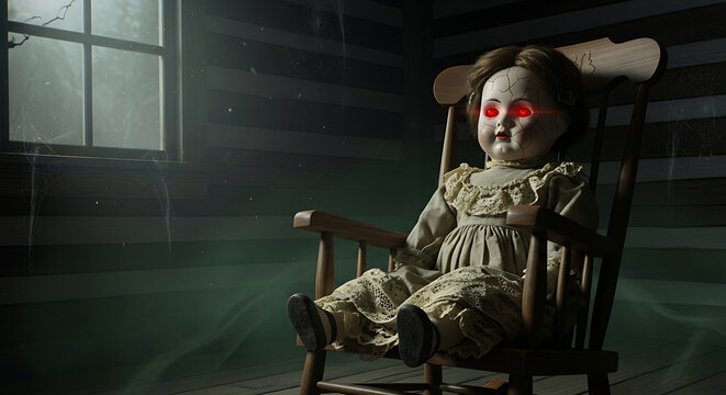 Eerie vintage doll with glowing red eyes sits in a rocking chair in a dimly lit room, creating a spooky atmosphere.