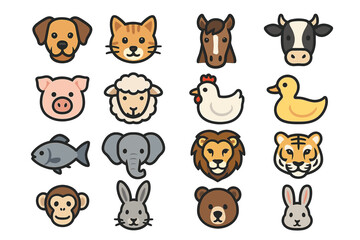 Fototapeta premium Cute cartoon animal icons set featuring 16 adorable animals