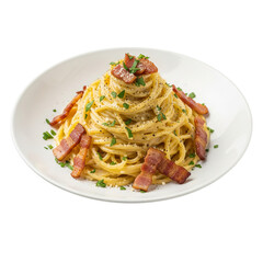 Fototapeta premium Delicious Spaghetti Carbonara with crispy bacon, fresh herbs, and parmesan cheese, a classic Italian pasta dish perfect for a gourmet meal or restaurant menu.