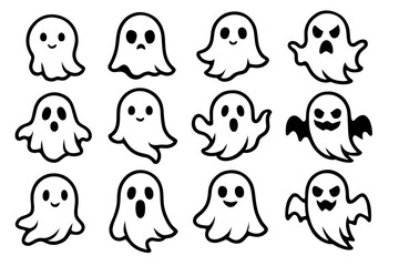 Cute and spooky black and white ghost emoticons for halloween fun