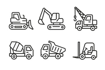 Naklejka premium Construction vehicle icons set featuring bulldozer, excavator, crane, cement mixer, dump truck, forklift