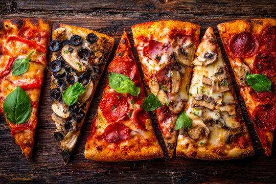 Assorted sliced pizzas with various toppings on a rustic wooden surface