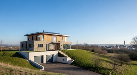 Modern House on Hillside with Garage and Scenic View.