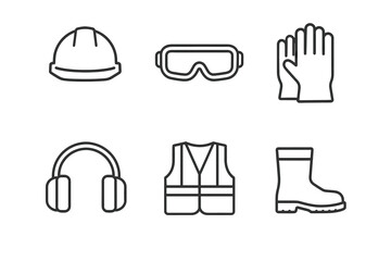 Essential workplace safety equipment icons: hard hat, goggles, gloves, ear protection, vest, boots