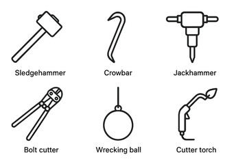 Naklejka premium Heavy-duty construction tools icons: sledgehammer, crowbar, jackhammer, bolt cutter, wrecking ball, cutter torch