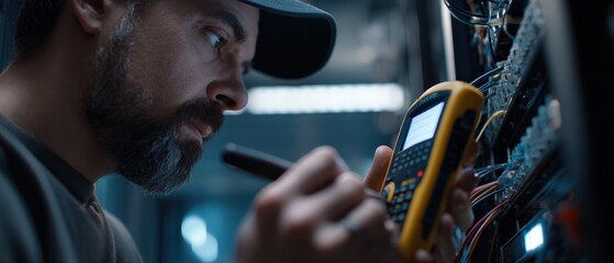 Focused adult man inspecting server rack with multimeter in data center Technician diagnosing network hardware problem Concept of IT support, maintenance, and cybersecurity