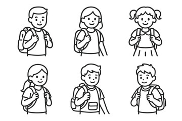 Outline illustrations of children with backpacks ready for school adventures