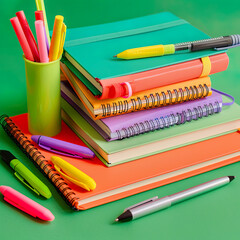 Colorful stationery organized with notebooks, pens and pencil holder on bright green background, Generated with AI