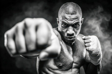 Intense muscular male boxer with wrapped hands throwing a powerful punch in a dramatic black and white photo with smoky background and focused expression
