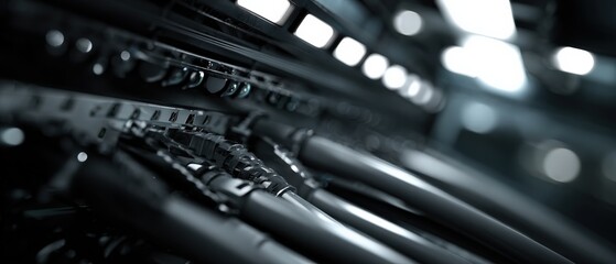 Server room cables and connections in a data center, showcasing network infrastructure and technology for data transmission and high speed internet