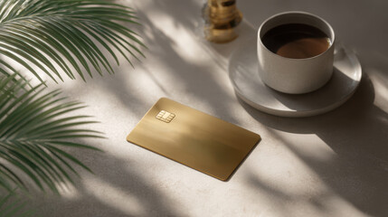 Luxurious matte gold credit card placed on textured surface near cup of coffee and green palm leaves, creating calm and elegant atmosphere
