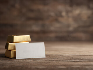 Stacked gold bars beside blank white card on wooden surface with blurred brown background, symbolizing wealth and investment opportunity