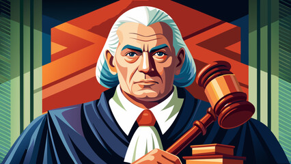 Close-up portrait of male judge holding gavel in hand. Isolated background emphasizes authority, justice, and solemn dignity of legal tradition.