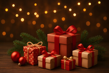 Christmas gift boxes with red ribbons (horizontal photo)