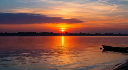 Serene Sunset Reflection on Calm Lake with Boat.