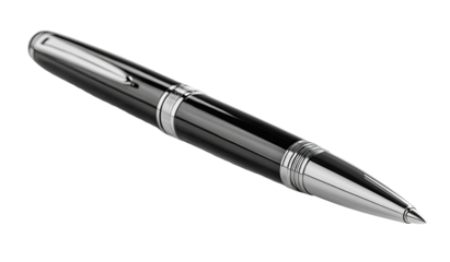 Sleek black ballpoint pen angled, with silver accents