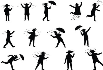 Funny people walking and reacting to strong wind and rain with umbrellas and flying hair – cartoon vector weather illustration.