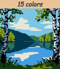 Lake among birches. Landscape pixel art vector 100x100 squares for paint by numbers &ndash; color grid illustration with clean, smooth squares and overlaid grid for antistress coloring book.