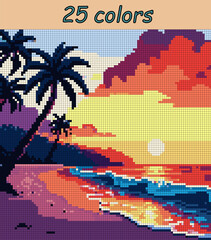 Palm trees and tropical beach. Landscape pixel art vector 100x100 squares for paint by numbers &ndash; color grid illustration with clean, smooth squares and overlaid grid for antistress coloring book.
