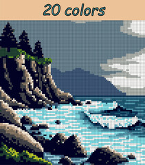 Mountains and sea waves. Landscape pixel art vector 100x100 squares for paint by numbers &ndash; color grid illustration with clean, smooth squares and overlaid grid for antistress coloring book.