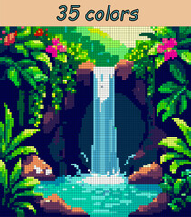 Waterfall in the tropics. Landscape pixel art vector 100x100 squares for paint by numbers &ndash; color grid illustration with clean, smooth squares and overlaid grid for antistress coloring book.