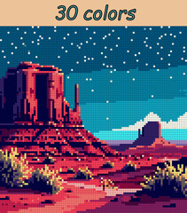 Sky are strewn with stars in desert Landscape pixel art vector 100x100 squares for paint by numbers &ndash; color grid illustration with clean, smooth squares and overlaid grid for antistress coloring book.