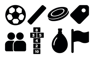 Childhood games silhouette icon set. featuring soccer ball, hopscotch, frisbee, flag, tag, swing, sack.