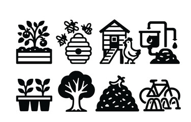 Fototapeta premium Gardening and farming silhouette icon set. featuring bees, beehive, chicken coop, compost, water tank, planters, tree..