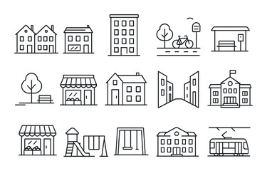 Urban landscape linear icon set. featuring houses, apartment, street, bike, bus stop, tree, shop, playground, city buildings.