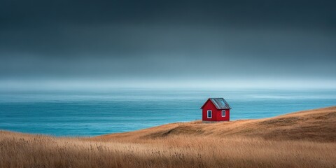 Solitary red cabin by the ocean